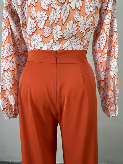 Long Sleeves Flower Print Hollow Mock Neck Shirts Top + High Waisted Pants Bottom Two Pieces Set