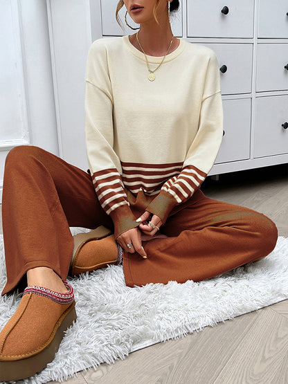 Long Sleeves Loose Contrast Color Split-Side Striped Round-Neck Sweater Top + Pants Bottom Two Pieces Set
