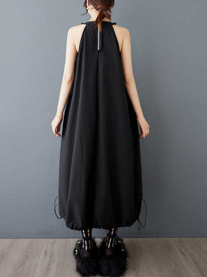 A-Line Loose Drawstring Pleated Pockets Solid Color Zipper Spaghetti-Neck Midi Dresses