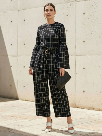Elasticated Waist High Waisted Belted Contrast Color Split-Joint Pants