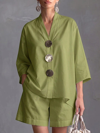 Loose Three-Quarter Sleeves Buttoned Pockets Solid Color V-Neck Blouse Top + Shorts Bottom Two Pieces Set