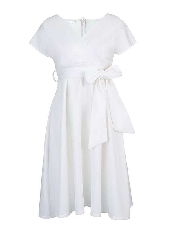 Bowknot Lace-Up Solid Color V-Neck Midi Dresses