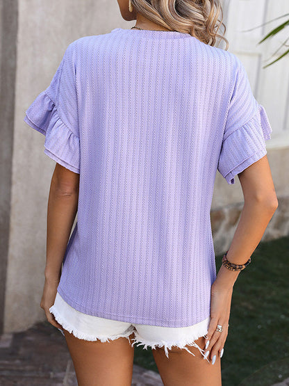 Wrap Falbala Solid Color Round-Neck T-Shirts Tops