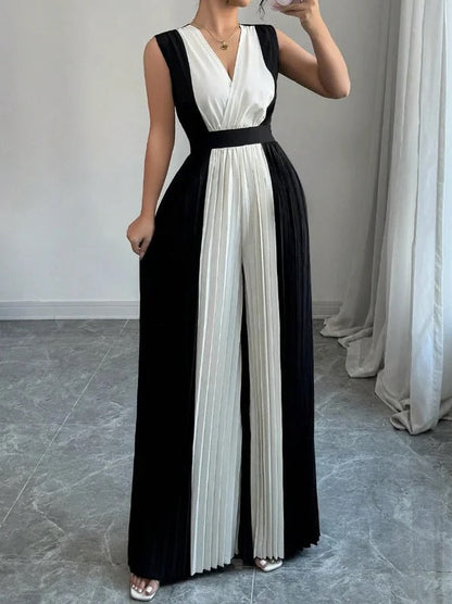 High Waisted Loose Contrast Color Pleated V-Neck Jumpsuits