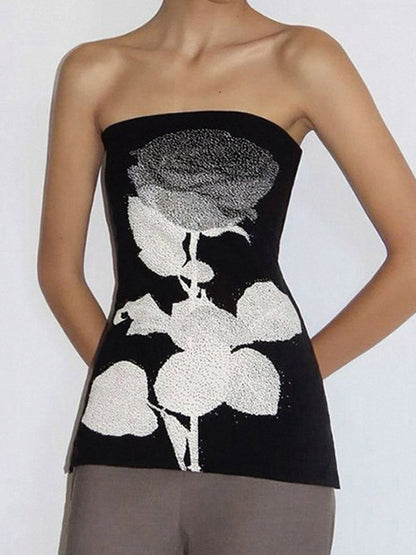 Skinny Sleeveless Contrast Color Flower Print Split-Side Tube Vest Top