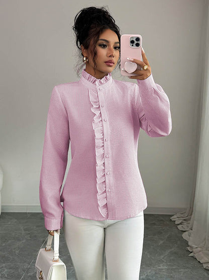 Long Sleeves Skinny Buttoned Ruffled Split-Joint Striped Stand Collar Blouses&Shirts Tops