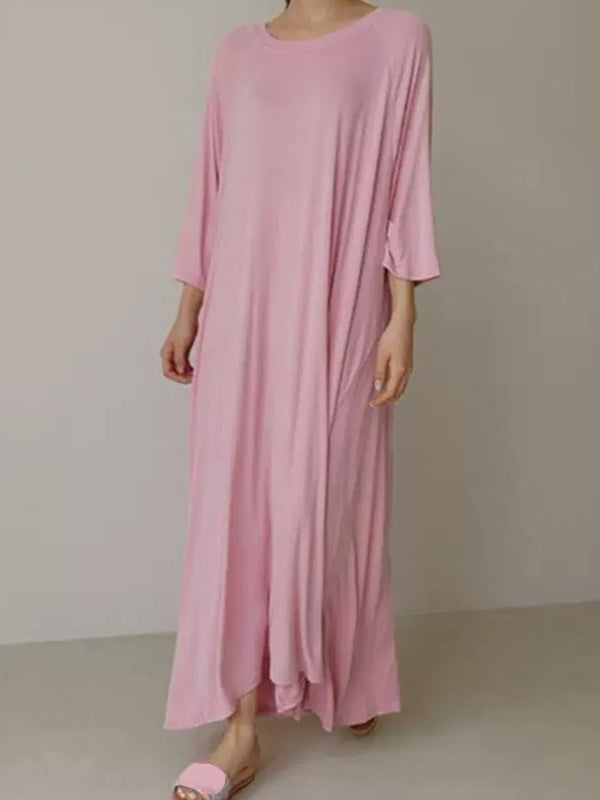 Loose Three-Quarter Sleeves Solid Color Round-Neck Maxi Dresses