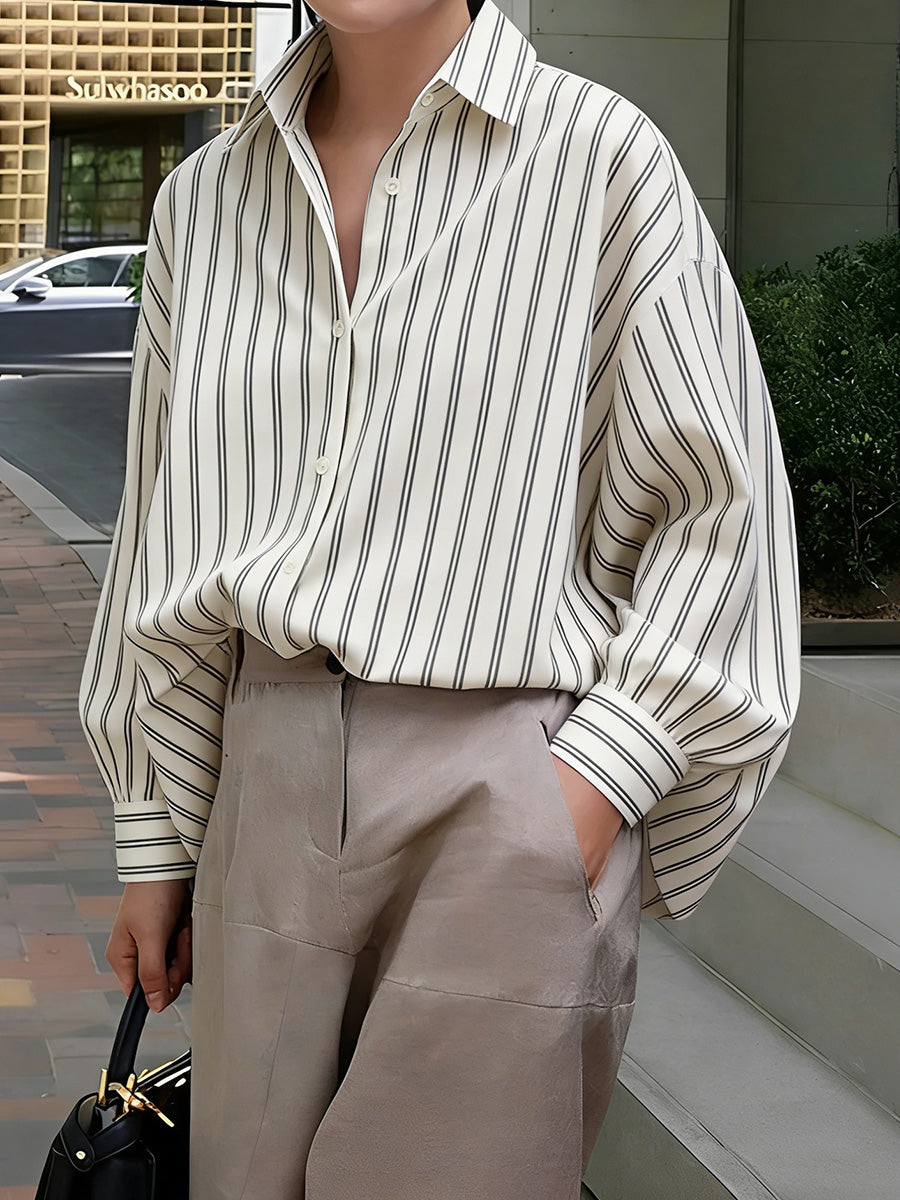 Long Sleeves Loose Buttoned Contrast Color Striped Lapel Blouses&Shirts Tops