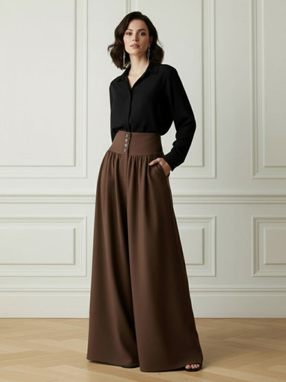 Elasticated Waist High Waisted Buttoned Pleated Pockets Solid Color Split-Joint Pants