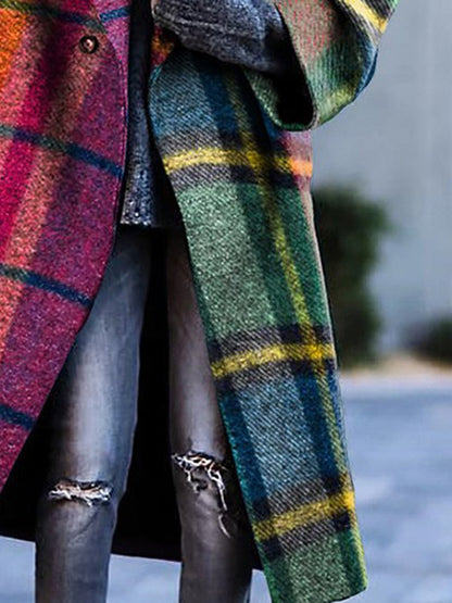 Long Sleeves Loose Plaid Split-Joint Lapel Outerwear Woolen Coat