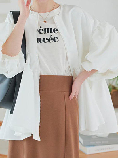 Long Sleeves Loose Elasticity Pleated Solid Color Split-Joint Zipper Round-Neck Outerwear