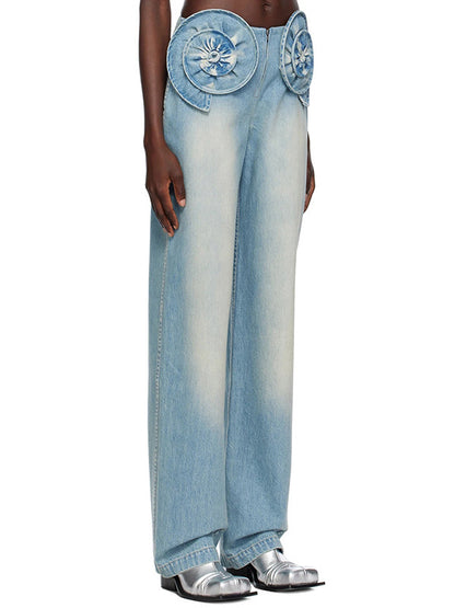 Straight Leg Three-Dimensional Flower Zipper Jean Pants Bottoms