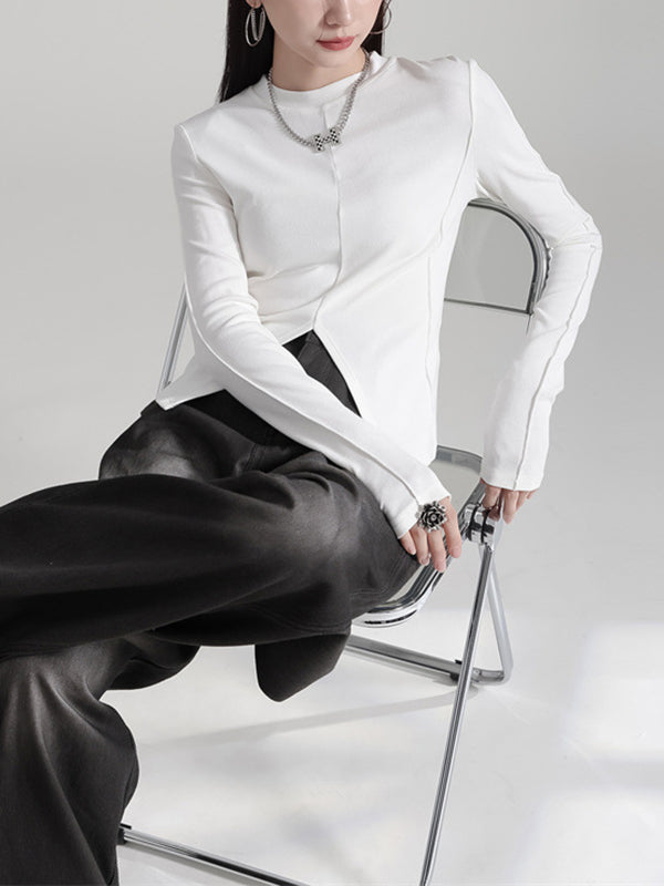 Long Sleeves Skinny Solid Color Split-Front Round-Neck T-Shirts Tops