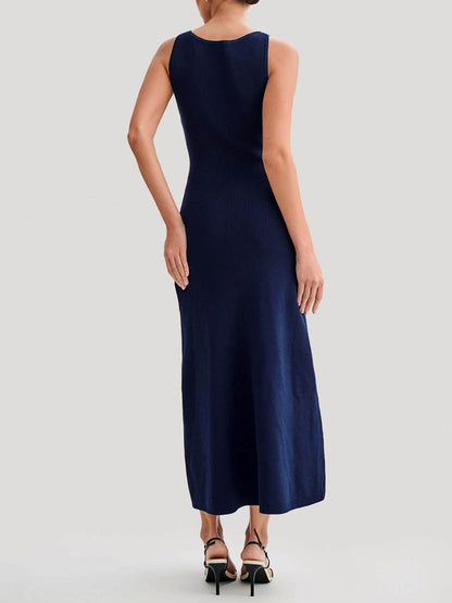 Solid Color Buttoned Sleeveless Bodycon Round-neck Midi Dresses