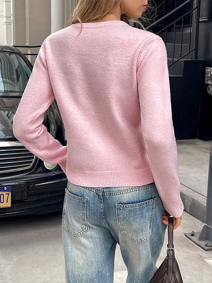 Long Sleeves Solid Color Split-Joint Round-Neck Pullovers Sweater Tops