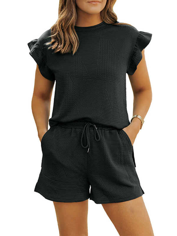 Loose Ruffle Sleeves Round-Neck Drawstring Pockets Solid Color Split-Joint Split-Side Two Pieces Set