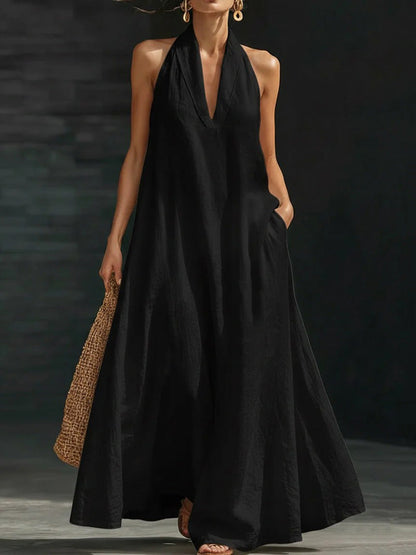A-Line Loose Pockets Solid Color V-Neck Maxi Dresses