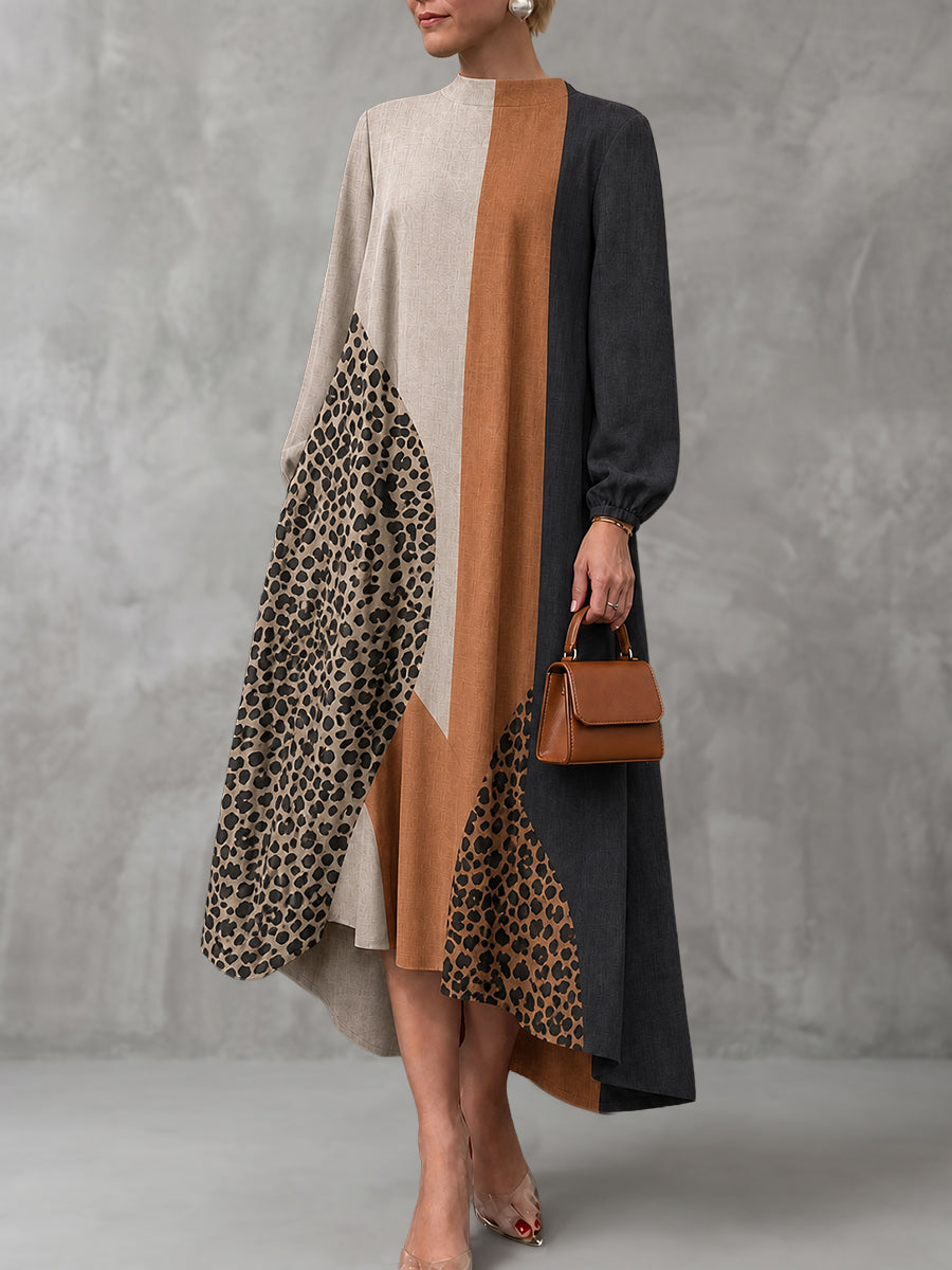 Zipper Split-Joint Leopard Elasticity Contrast Color Loose Long Sleeves Round-neck Maxi Dresses