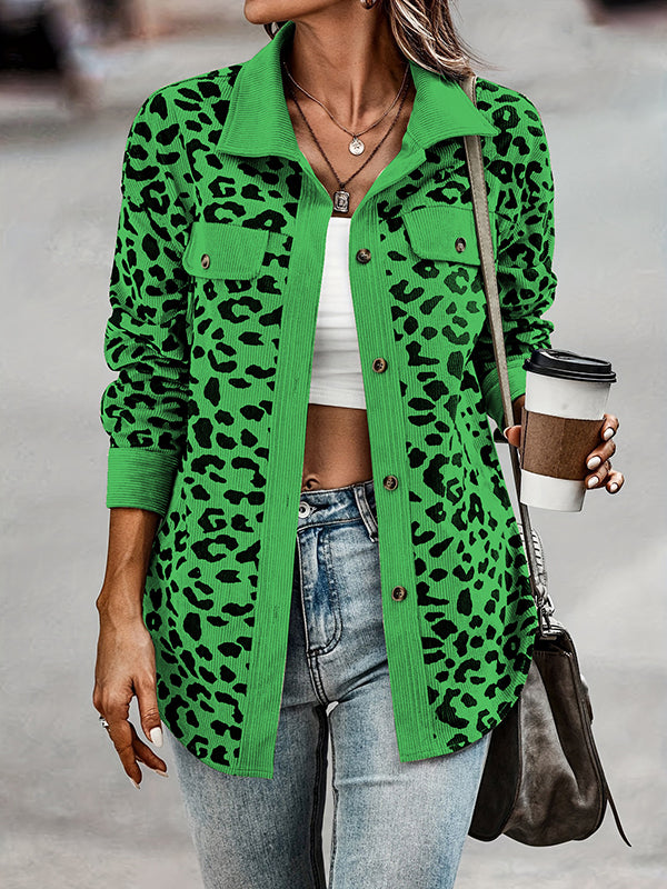 Long Sleeves Loose Buttoned Leopard Pockets Split-Joint Lapel Jackets Outerwear
