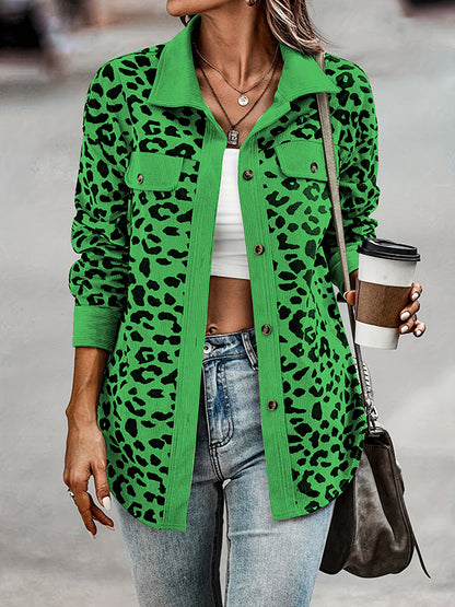 Long Sleeves Loose Buttoned Leopard Pockets Split-Joint Lapel Jackets Outerwear