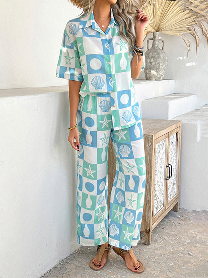 Loose Buttoned Contrast Color Lapel T-Shirt Top + Elasticity Pockets High Waisted Pants Bottom Two Pieces Set