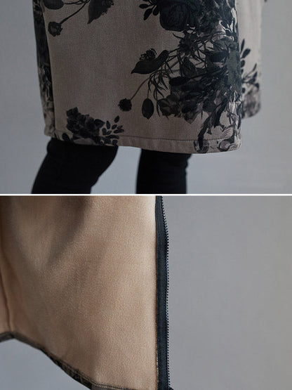 Artistic Retro Loose Floral Printed Hooded Long Sleeves Outwear