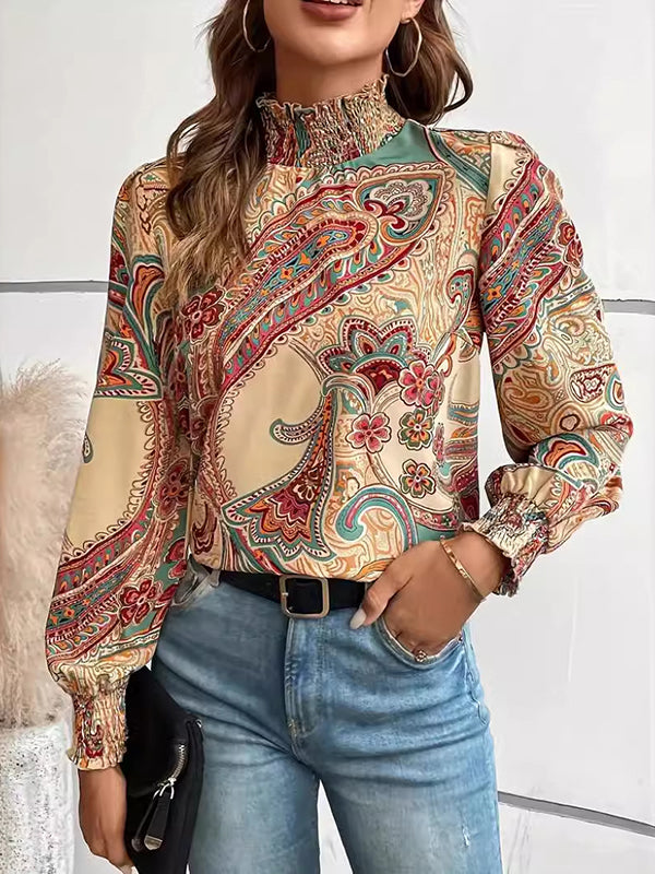 Long Sleeves Loose Buttoned Elasticity Flower Print Hollow Split-Joint Mock Neck Blouses&Shirts Tops
