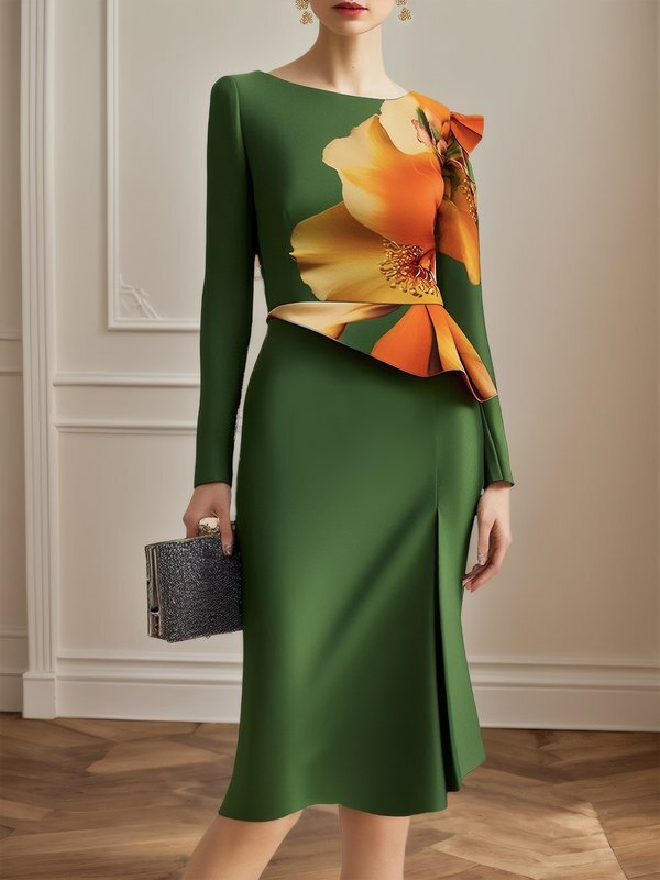 Bodycon Long Sleeves Flower Print Pleated Split-Joint Split-Side Round-Neck Midi Dresses