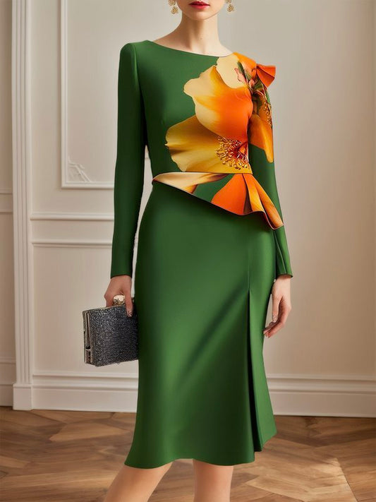 Bodycon Long Sleeves Flower Print Pleated Split-Joint Split-Side Round-Neck Midi Dresses