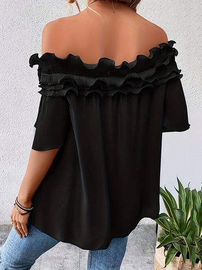 Loose Short Sleeves Pleated Solid Color Split-Joint Tiered Off-The-Shoulder T-Shirts Tops