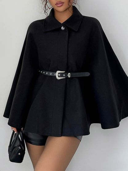 Batwing Sleeves Long Sleeves Belted Buttoned Solid Color Lapel Overcoat