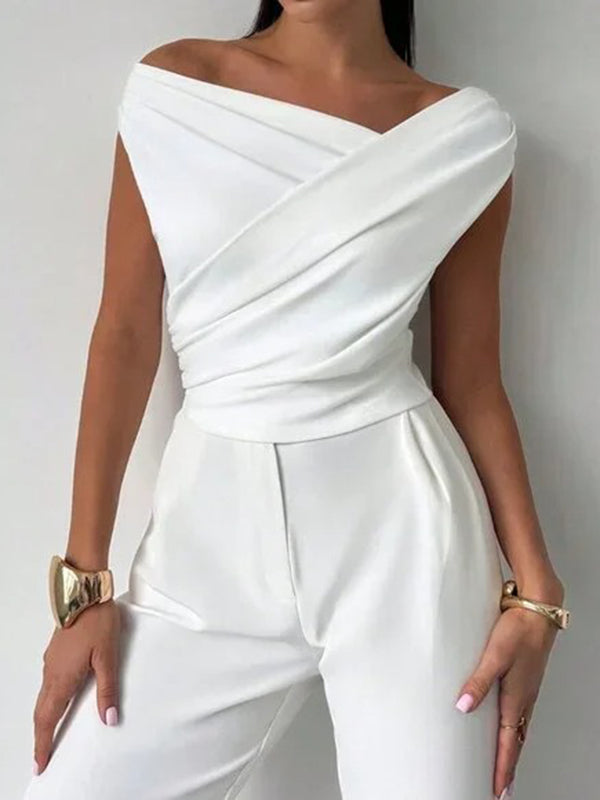 Short Sleeves Skinny Asymmetric Pleated Solid Color Split-Joint Asymmetric Neckline T-Shirts Tops