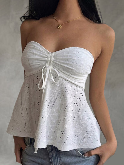 Skinny Sleeveless Backless Hollow Pleated Solid Color Split-Joint Tied Tube Vest Top