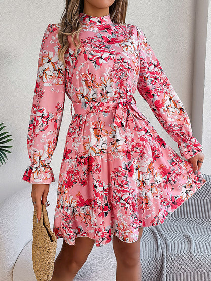 A-Line High Waisted Elasticity Flower Print Pleated Tied Waist Stand Collar Mini Dresses
