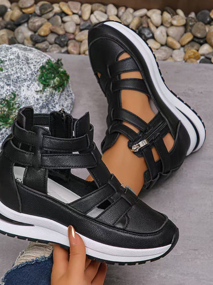 Zipper Solid Color Round-Toe Sandals