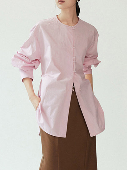 Long Sleeves Loose Buttoned Solid Color Tied Round-Neck Blouses&Shirts Tops