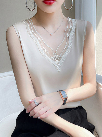 Loose Sleeveless Solid Color Split-Joint V-Neck Vest Top