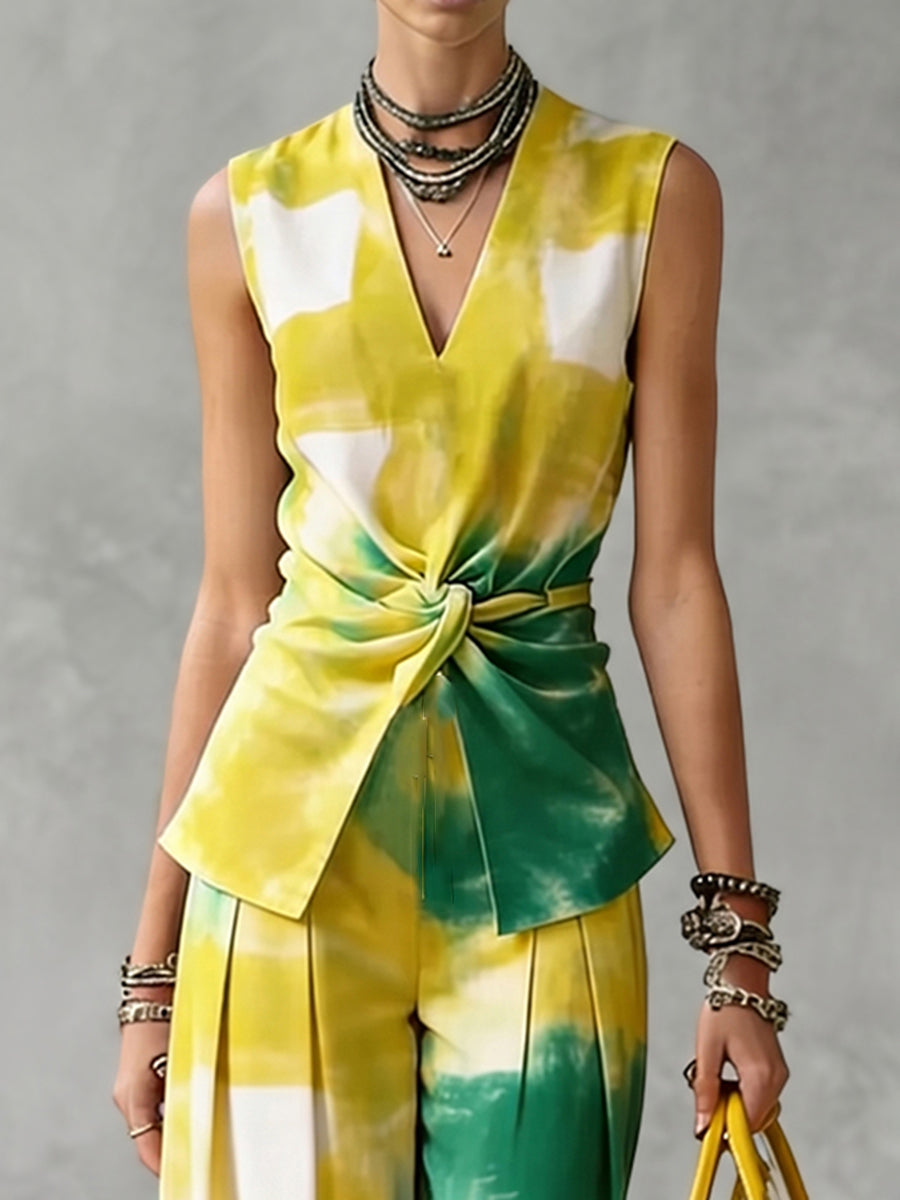 Sleeveless Contrast Color Knot Printed Tied V-Neck Blouses&Shirts Tops