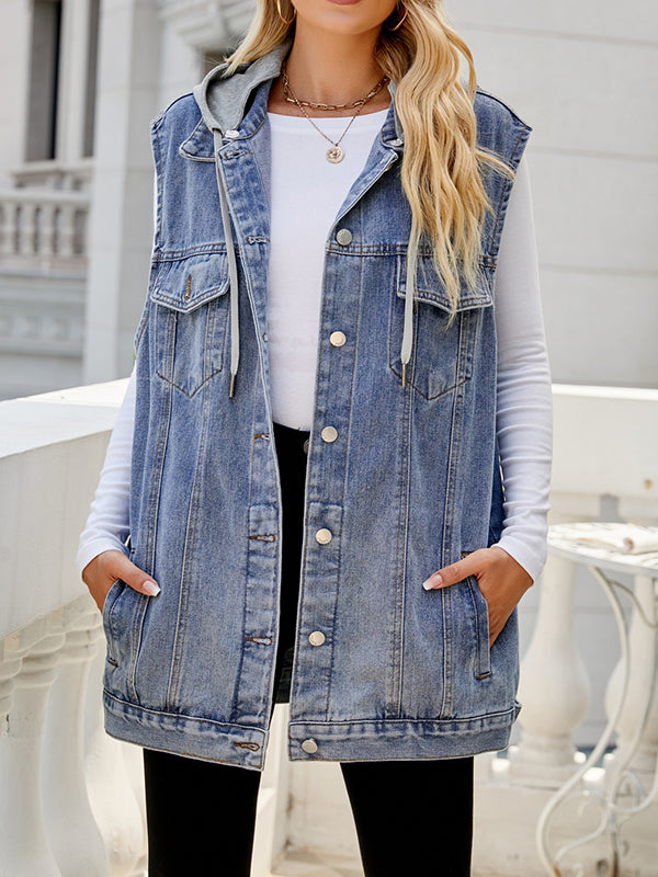 Loose Sleeveless Buttoned Detachable Drawstring Hooded Pockets Split-Joint Polo Vest Outerwear