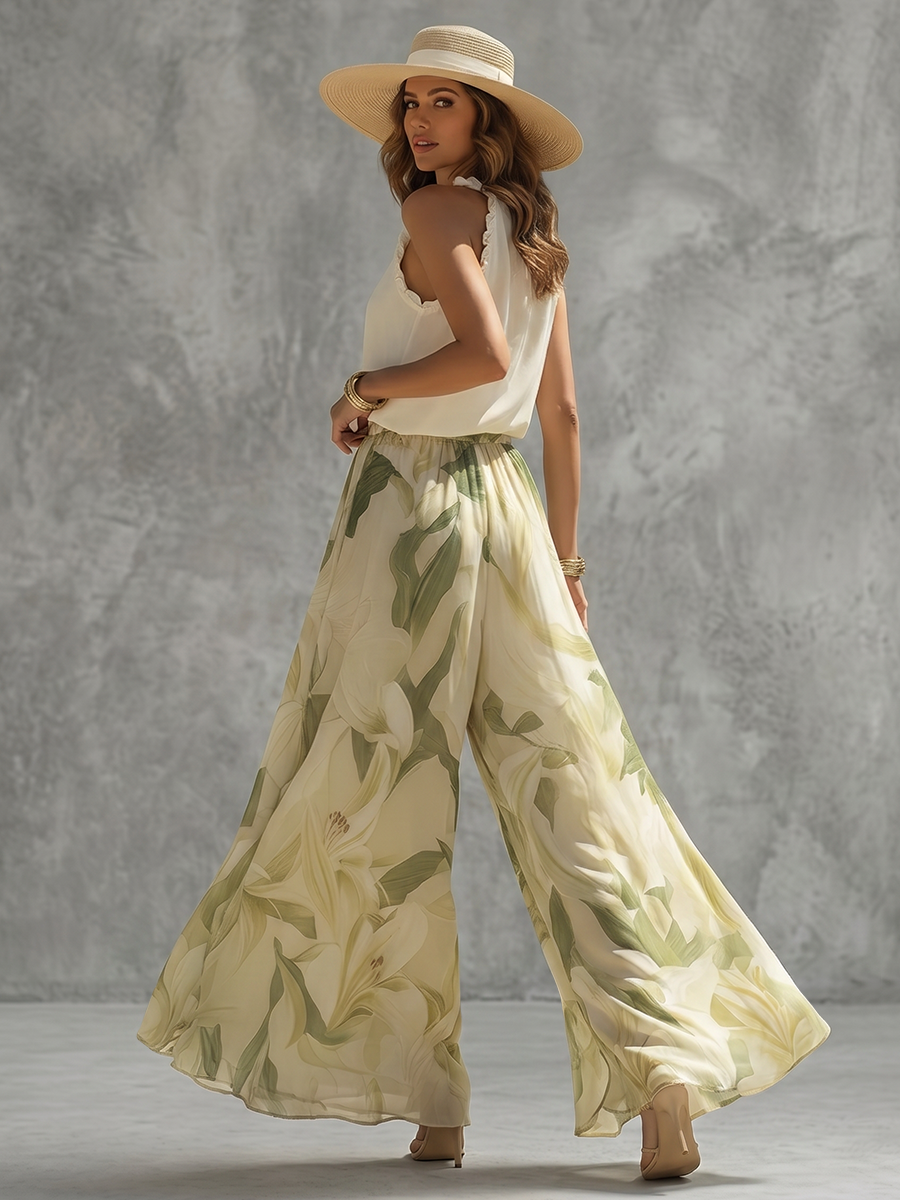 Loose Sleeveless Ruffle Trim Solid Color Halter-Neck Tank Top