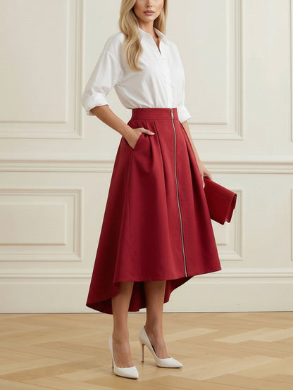 A-Line High-Low Pleated Pockets Solid Color Zipper Skirts Bottoms