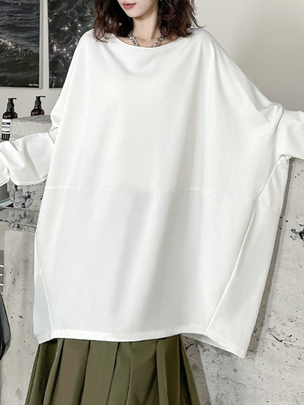 Batwing Sleeves Long Sleeves Solid Color Round-neck T-Shirts Tops