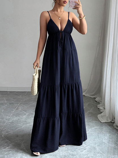 A-Line Sleeveless Backless Drawstring Pleated Solid Color Spaghetti-Neck Maxi Dresses