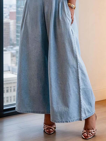 Loose Short Sleeves Pleated Solid Color Split-Joint Stretch; Elastic Off-The-Shoulder Jumpsuits