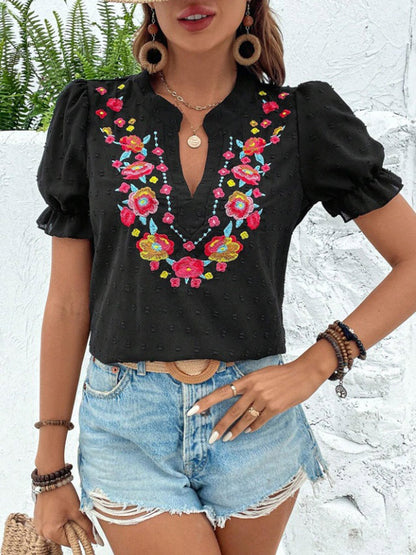 Loose Puff Sleeves Flower-Embellished Contrast Color Jacquard Pleated Ruffled Split-Joint V-Neck Blouses&Shirts Tops