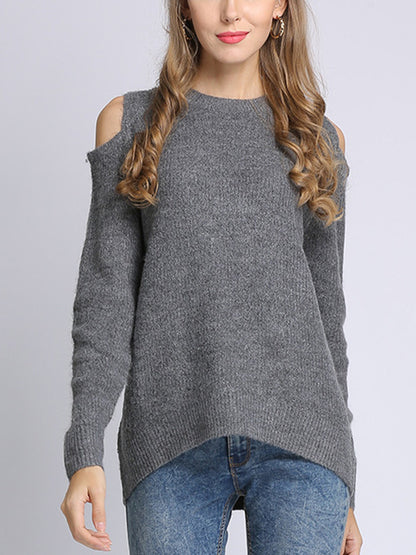 Long Sleeves Loose Hollow Solid Color Round-Neck Knitwear Pullovers Sweater Tops