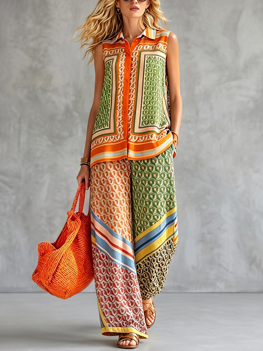 Loose Sleeveless Buttoned Printed Lapel Blouses&Shirts Tops
