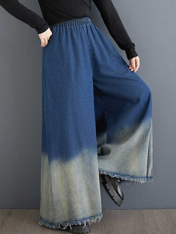 High Waisted Loose Elasticity Fringed Pockets Jean Pants Bottoms