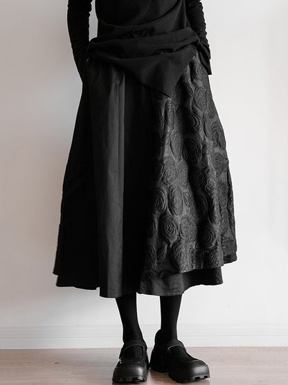 A-Line Loose Double Layered Elasticity Jacquard Solid Color Split-Joint Skirts Bottoms