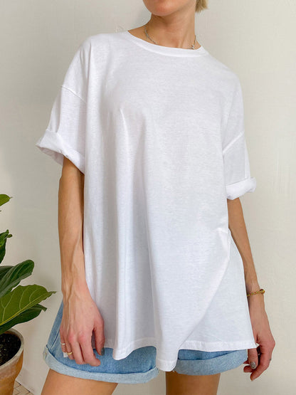 Loose Short Sleeves Solid Color Split-Side Round-Neck T-Shirts Tops